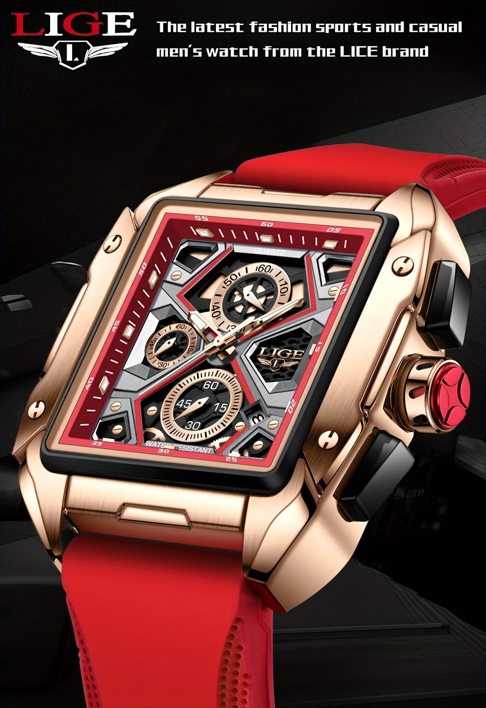 LIGE Men's Quartz Watch With Silicone Strap, Square, Water resistance, Multifunctional Watch