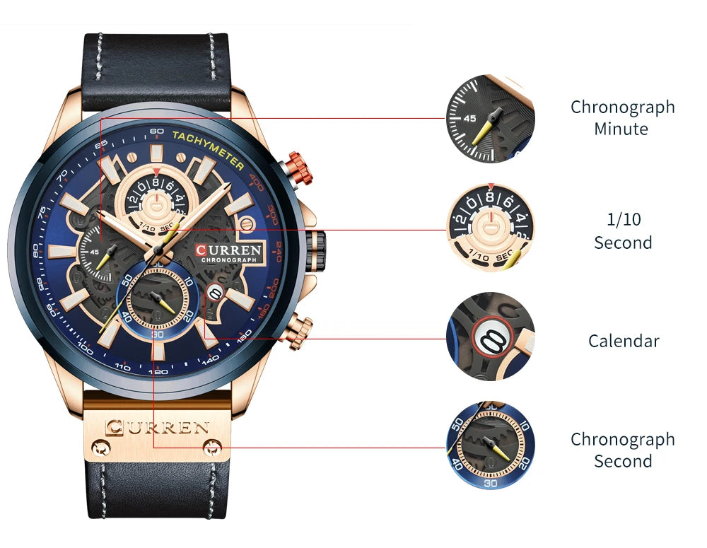 Men Watches CURREN Chronograph Genuine Leather Waterproof Wristwatches Relogio Masculino, Armbanduhren