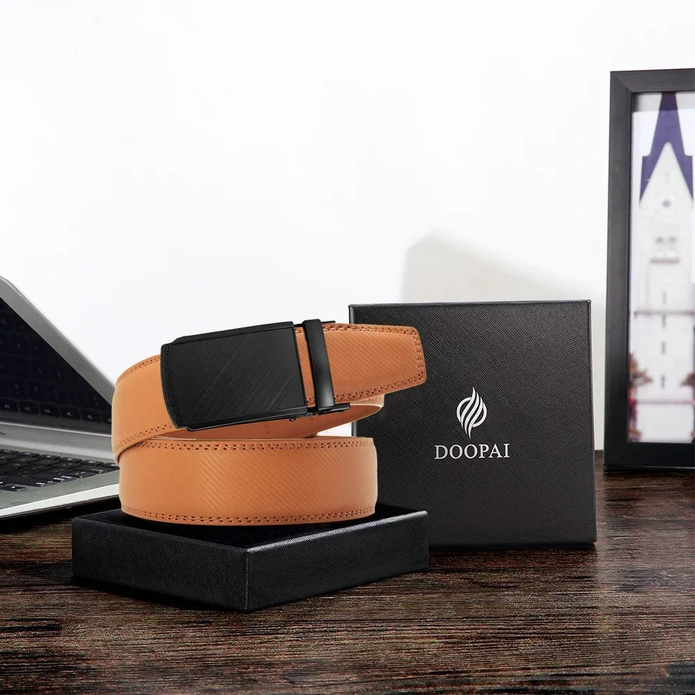 Men Genuine Leather Belt Metal Automatic Buckle Adjustment Adjustable Leather Belt
