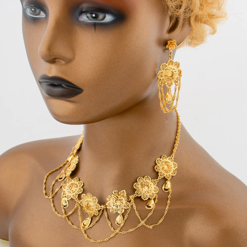 Gold Color Flower Design Necklace and Earrings Jewelry Set for Weddings Party Jewelry Gift