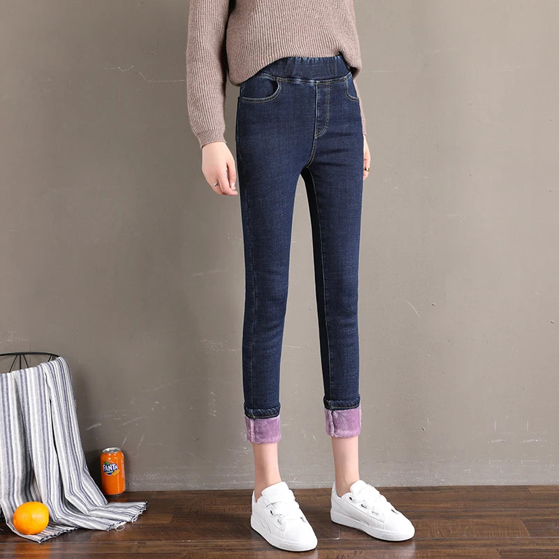 Women Jean Casual Thick Thermal Winter New Skinny Stretch waist Jeans Fleece Pencil Pants Plush Warm Trousers