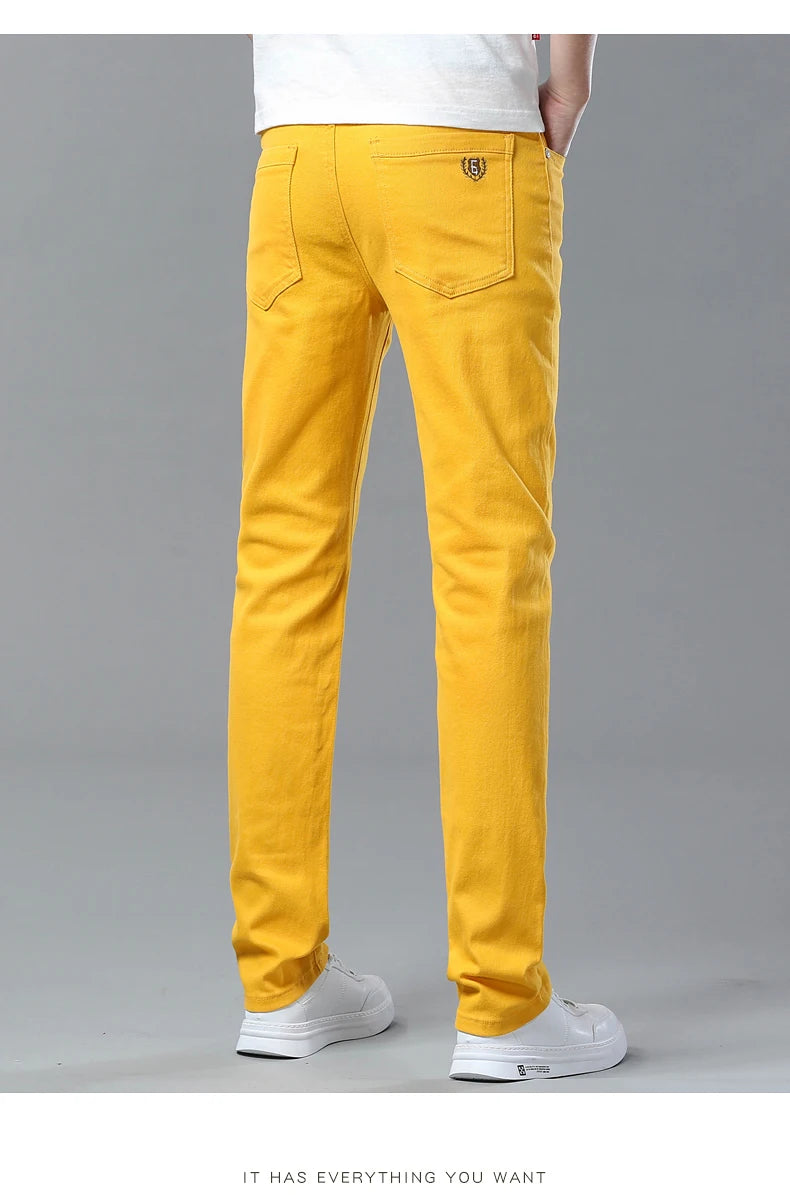 Men's Jeans Casual Pant Stretch Skinny Jeans New Elastic Yellow Pink Red Slim Male Clothing Solid Color Simple Business Trousers