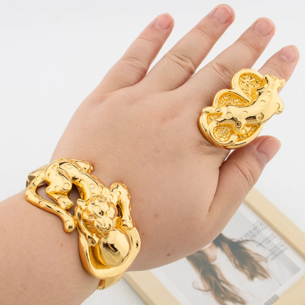 Golden Color Bangle with Ring Set for Party Hand Bracelet Cocktail Ring Bride Set Jewelry