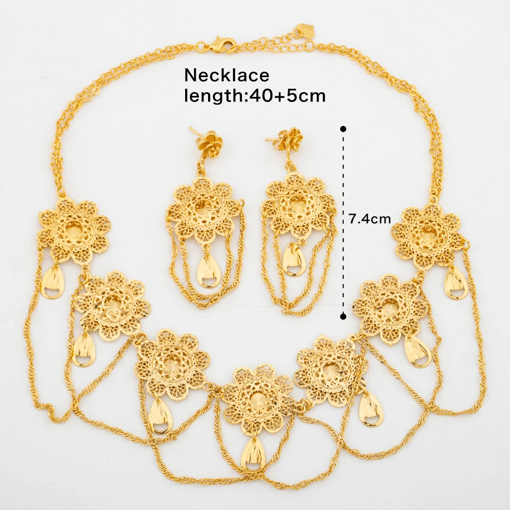Gold Color Flower Design Necklace and Earrings Jewelry Set for Weddings Party Jewelry Gift