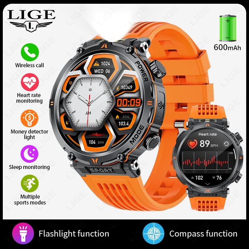 LIGE Smart Watch 600mah Battery LED Flashlight Compass Military Sport Watches Bluetooth Call Waterproof