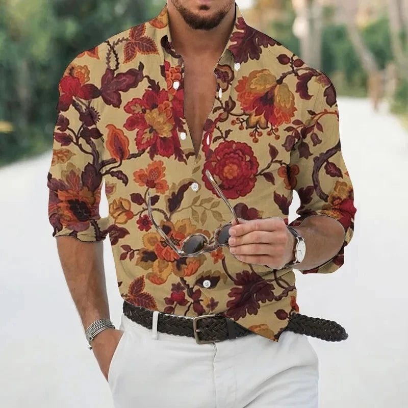 Men's Shirt Hawaii Tropical 3D Printed Floral Pattern Men Shirt Fashion Comfortable Long Sleeve Beach Roll