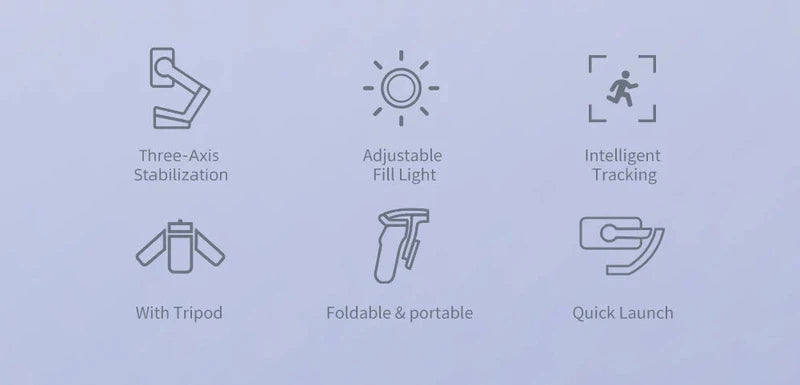 Gimbal stabilizer features: three-axis stabilization, adjustable fill light, intelligent tracking, includes tripod, foldable and portable, quick launch.