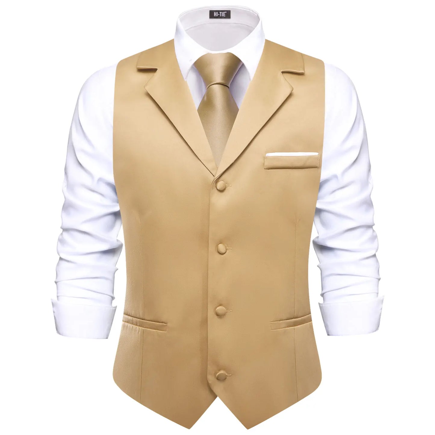 Men Vest With Tie Hi-Tie Champagne Solid V-neck Jacquard Tuxedo Dress Waistcoat Adjustable Jacket