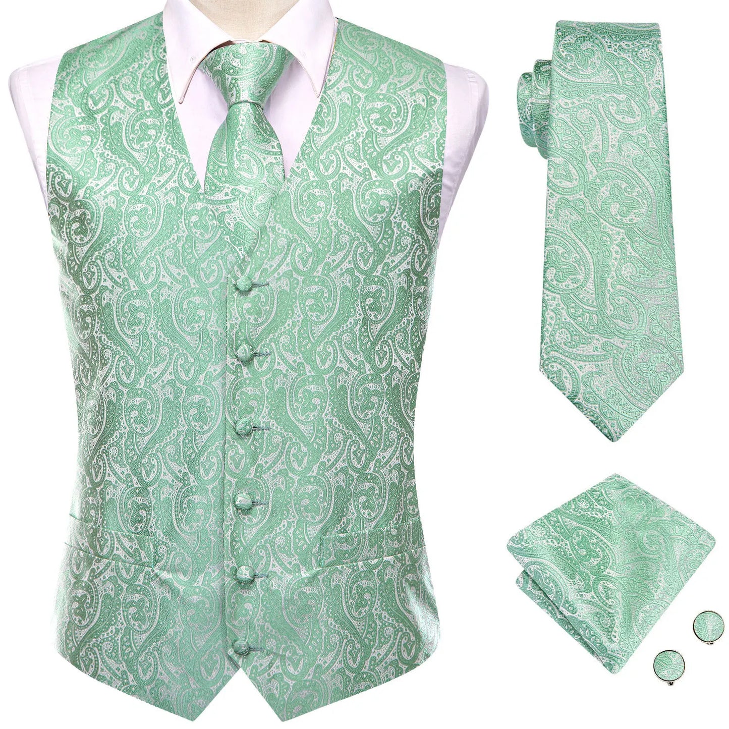 Men Suit Vest Hi-Tie Solid Voilet Lilac Silk 4PC Woven Waistcoat Tie Pocket Square Cufflink Business Wedding Dress Waist Jacket