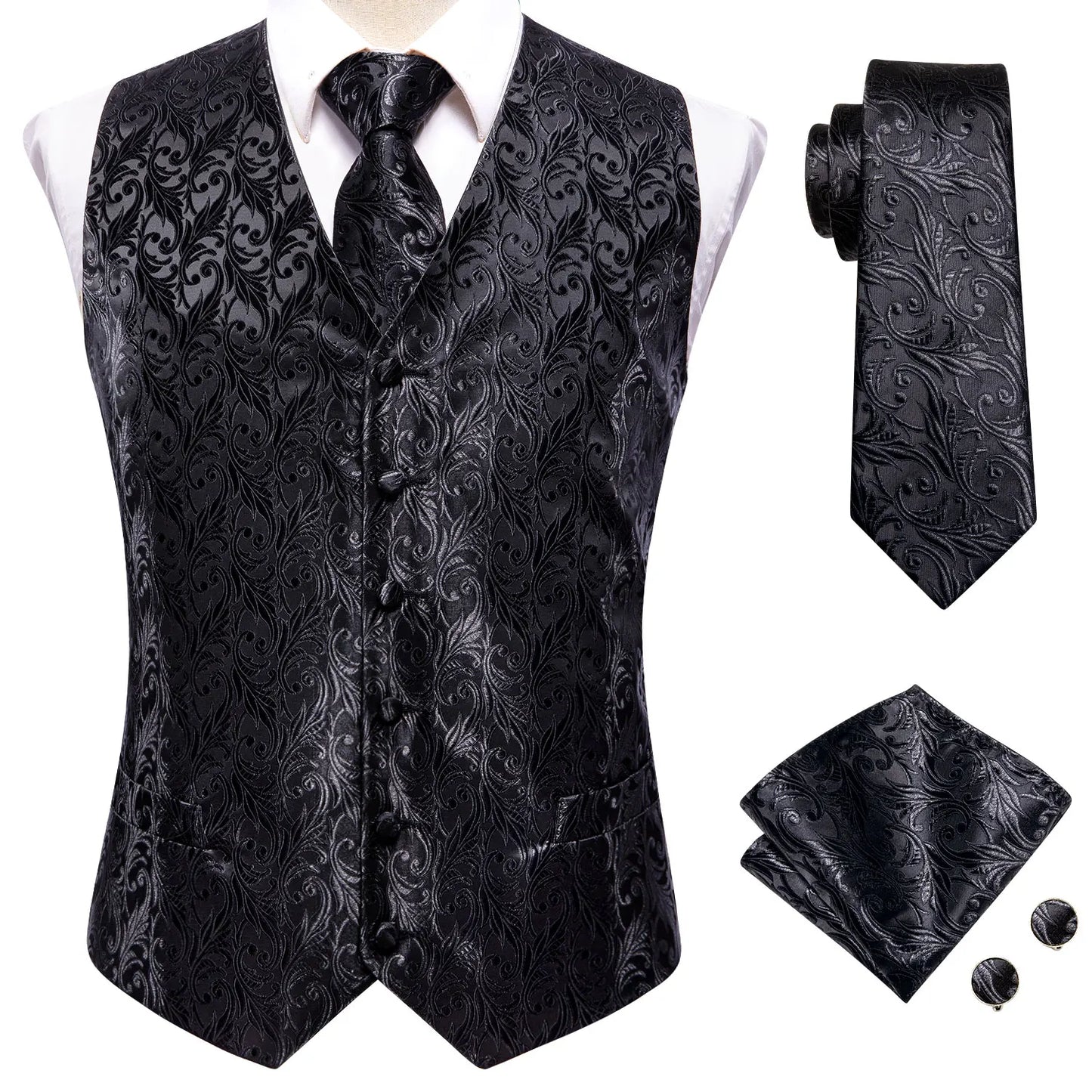 Men Suit Vests Hi-Tie Silk 4PC Woven Black Paisley Waistcoat Tie Pocket Square Cufflinks Business Wedding Dress Waist Jacket