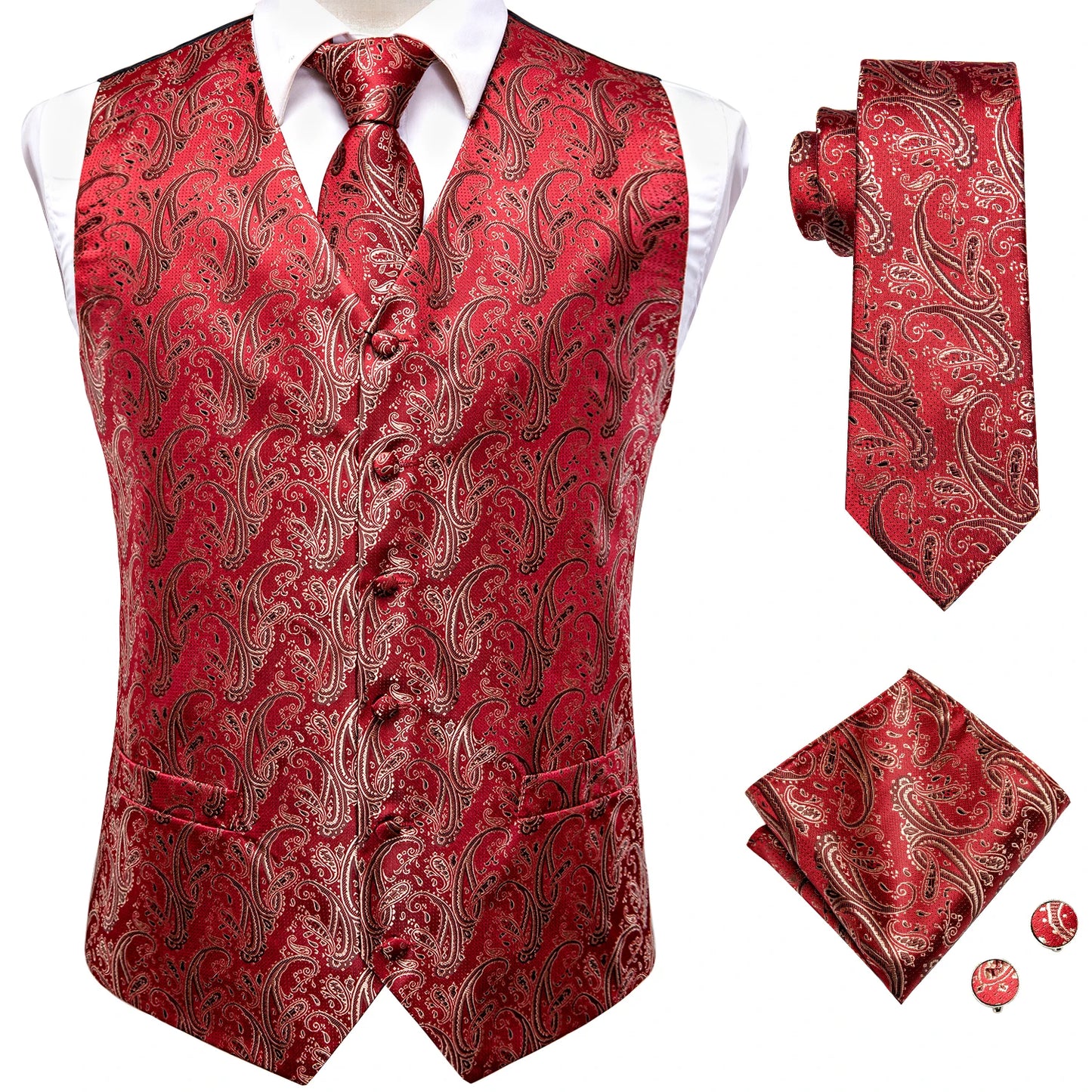 Men Suit Vests Hi-Tie Silk 4PC Woven Black Paisley Waistcoat Tie Pocket Square Cufflinks Business Wedding Dress Waist Jacket