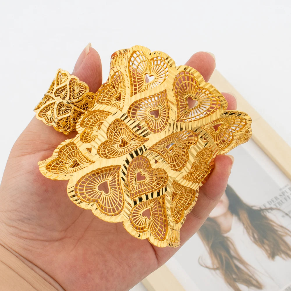 Gold Plated Exaggerate Bracelet with Ring Set Design Cuff Bangle and Finger Ring Set