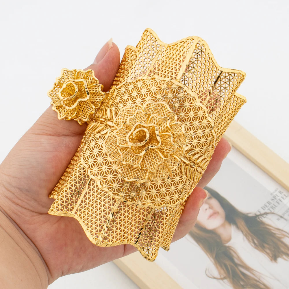 Gold Plated Exaggerate Bracelet with Ring Set Design Cuff Bangle and Finger Ring Set