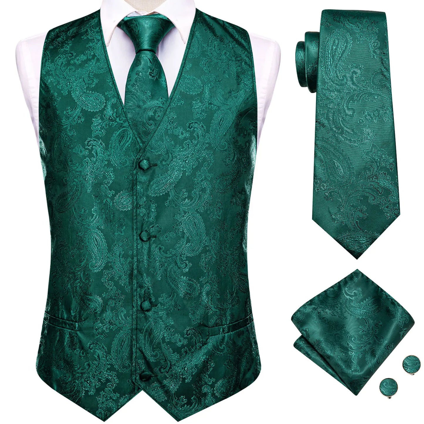 Men Suit Vests Hi-Tie Silk 4PC Woven Black Paisley Waistcoat Tie Pocket Square Cufflinks Business Wedding Dress Waist Jacket