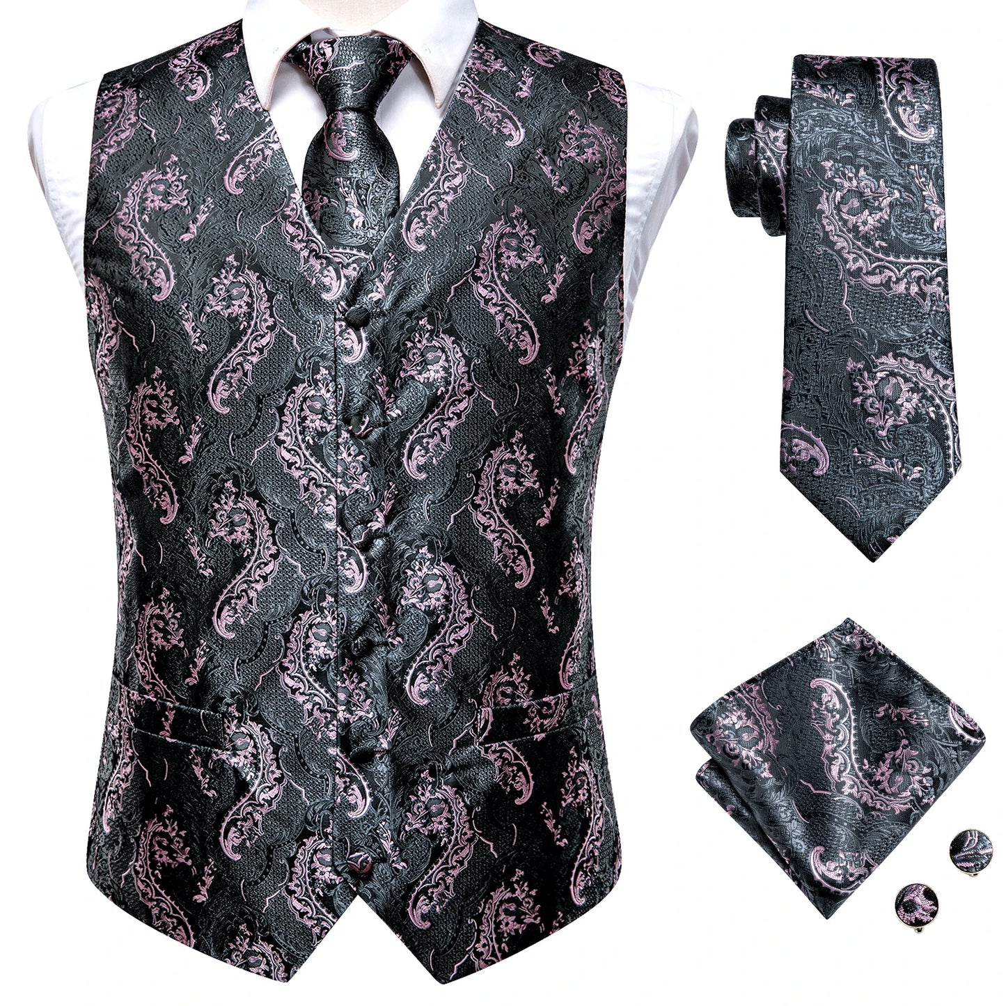 Men Suit Vests Hi-Tie Silk 4PC Woven Black Paisley Waistcoat Tie Pocket Square Cufflinks Business Wedding Dress Waist Jacket