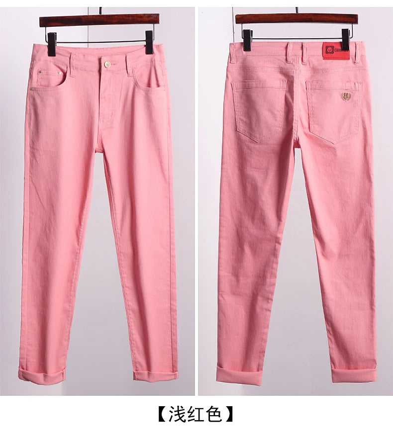 Men's Jeans Casual Pant Stretch Skinny Jeans New Elastic Yellow Pink Red Slim Male Clothing Solid Color Simple Business Trousers
