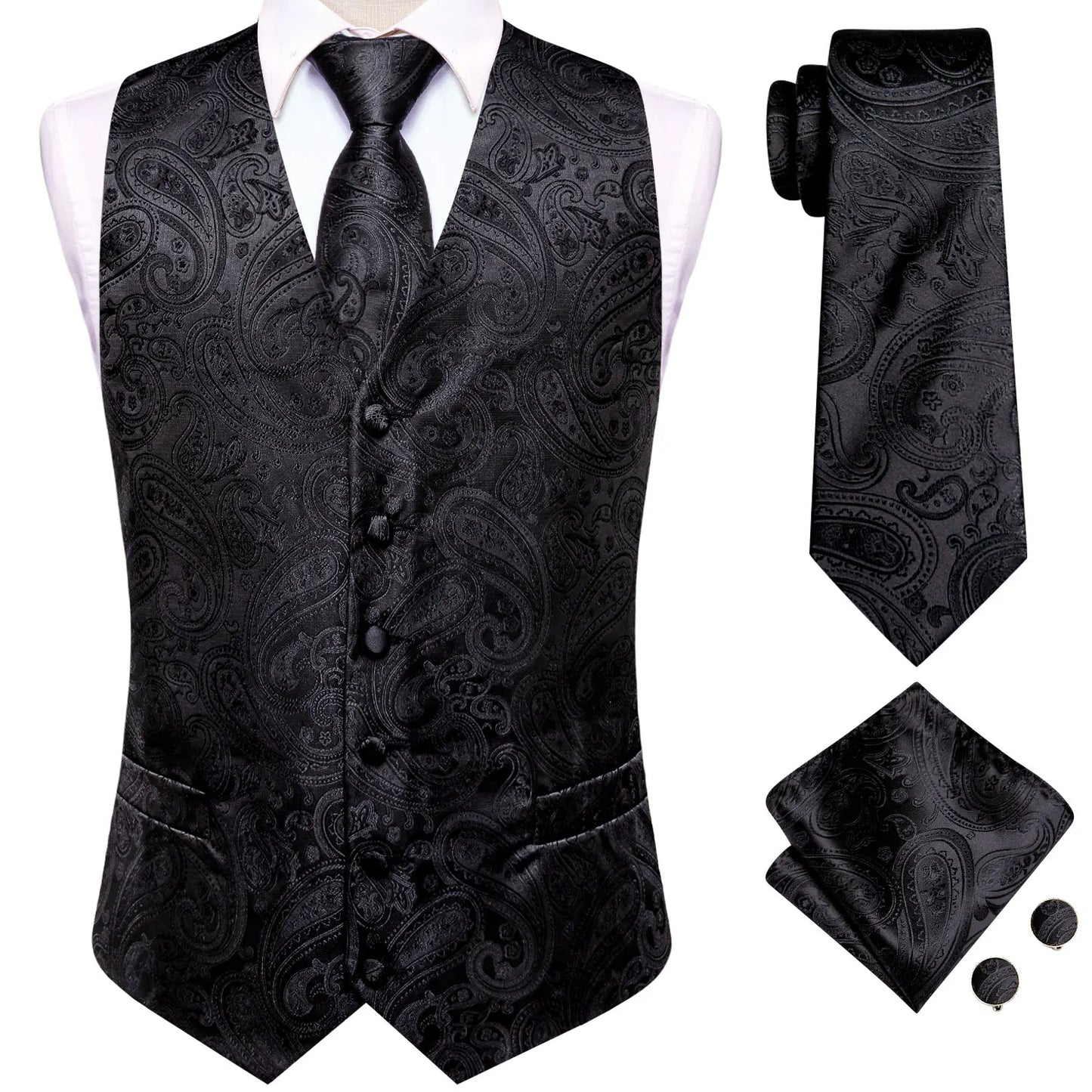 Men Suit Vests Hi-Tie Silk 4PC Woven Black Paisley Waistcoat Tie Pocket Square Cufflinks Business Wedding Dress Waist Jacket