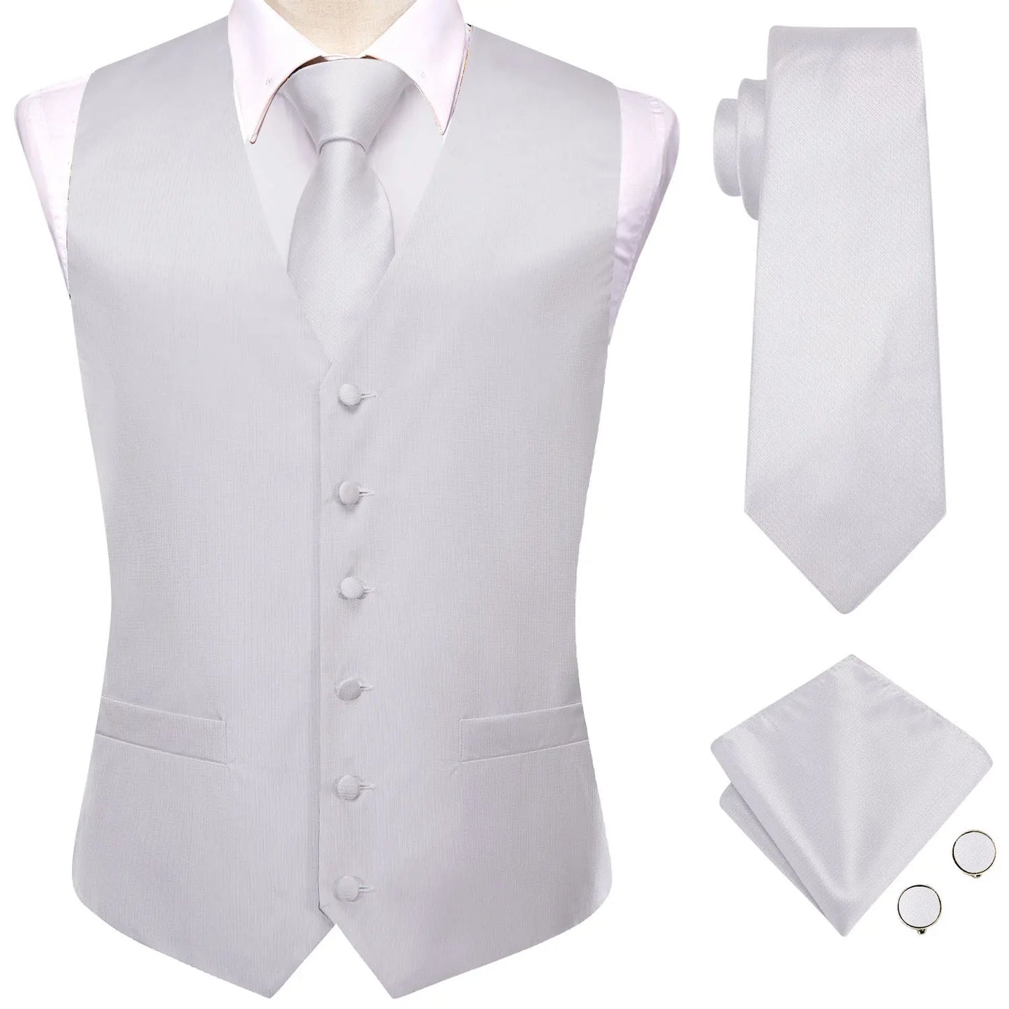 Men Suit Vest Hi-Tie Solid Voilet Lilac Silk 4PC Woven Waistcoat Tie Pocket Square Cufflink Business Wedding Dress Waist Jacket