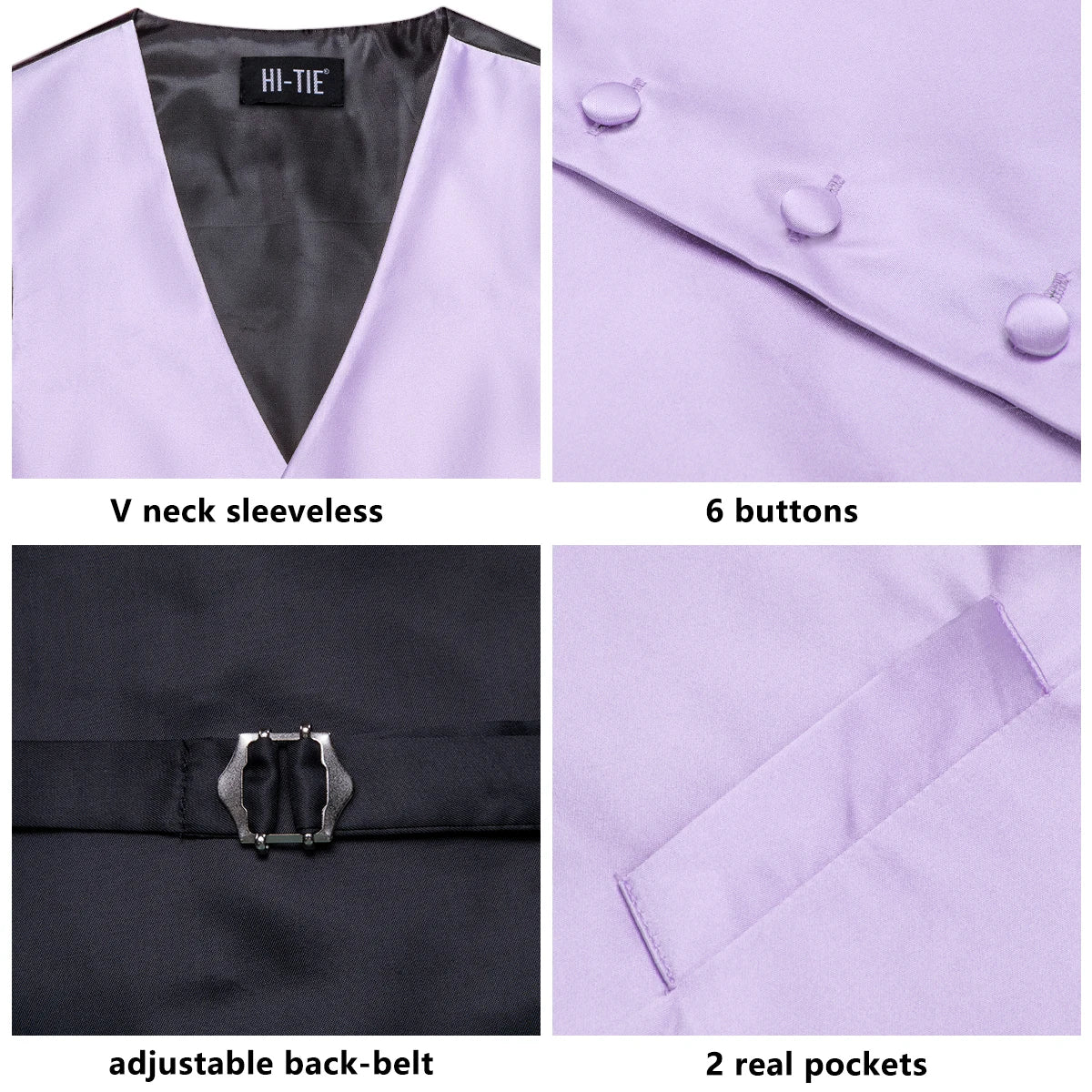 Men Suit Vest Hi-Tie Solid Voilet Lilac Silk 4PC Woven Waistcoat Tie Pocket Square Cufflink Business Wedding Dress Waist Jacket