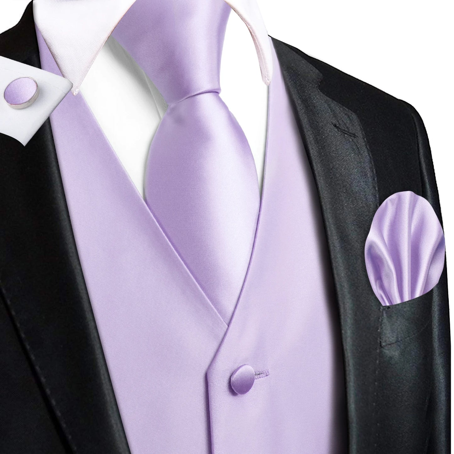 Men Suit Vest Hi-Tie Solid Voilet Lilac Silk 4PC Woven Waistcoat Tie Pocket Square Cufflink Business Wedding Dress Waist Jacket