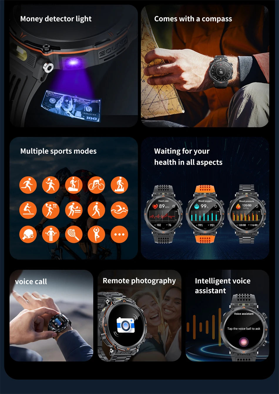 LIGE Smart Watch 600mah Battery LED Flashlight Compass Military Sport Watches Bluetooth Call Waterproof