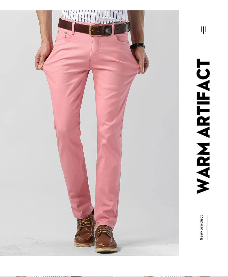 Men's Jeans Casual Pant Stretch Skinny Jeans New Elastic Yellow Pink Red Slim Male Clothing Solid Color Simple Business Trousers