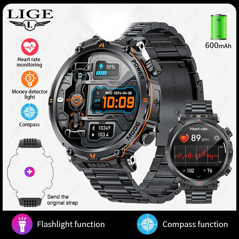 LIGE Smart Watch 600mah Battery LED Flashlight Compass Military Sport Watches Bluetooth Call Waterproof