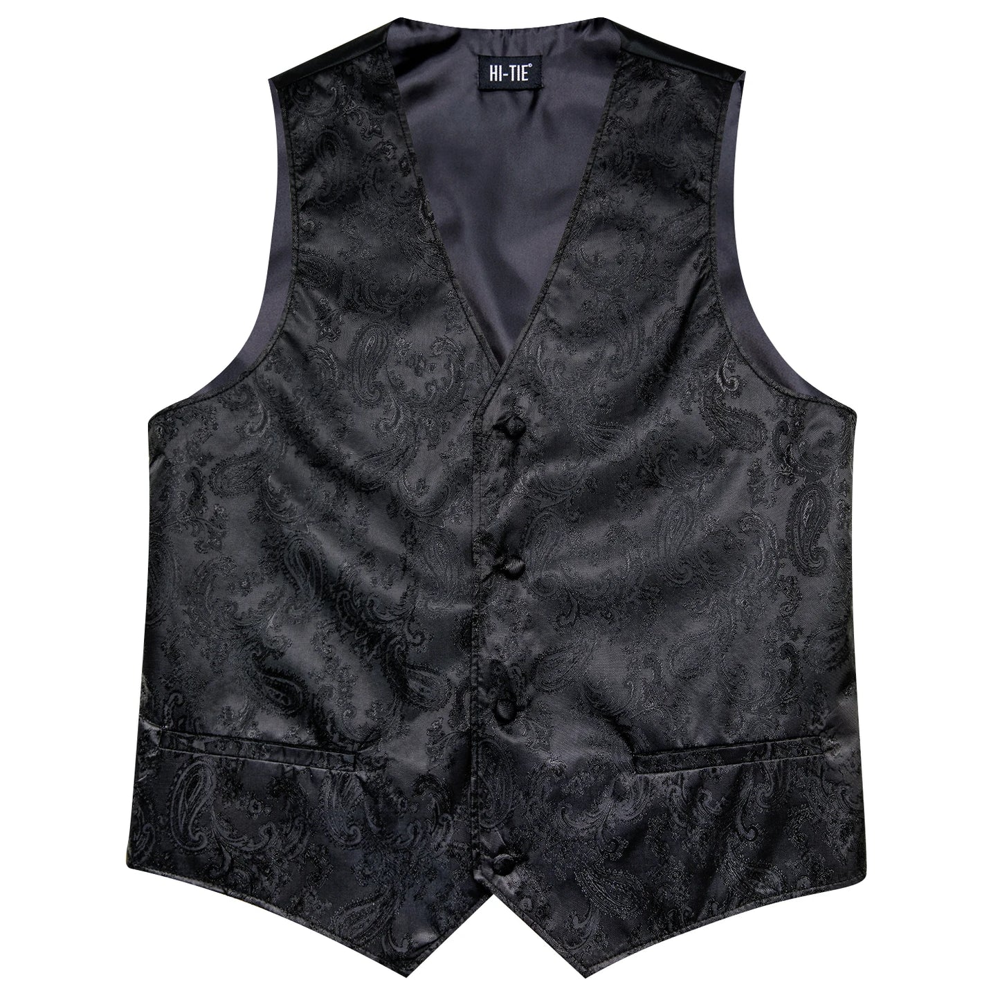 Men Suit Vests Hi-Tie Silk 4PC Woven Black Paisley Waistcoat Tie Pocket Square Cufflinks Business Wedding Dress Waist Jacket