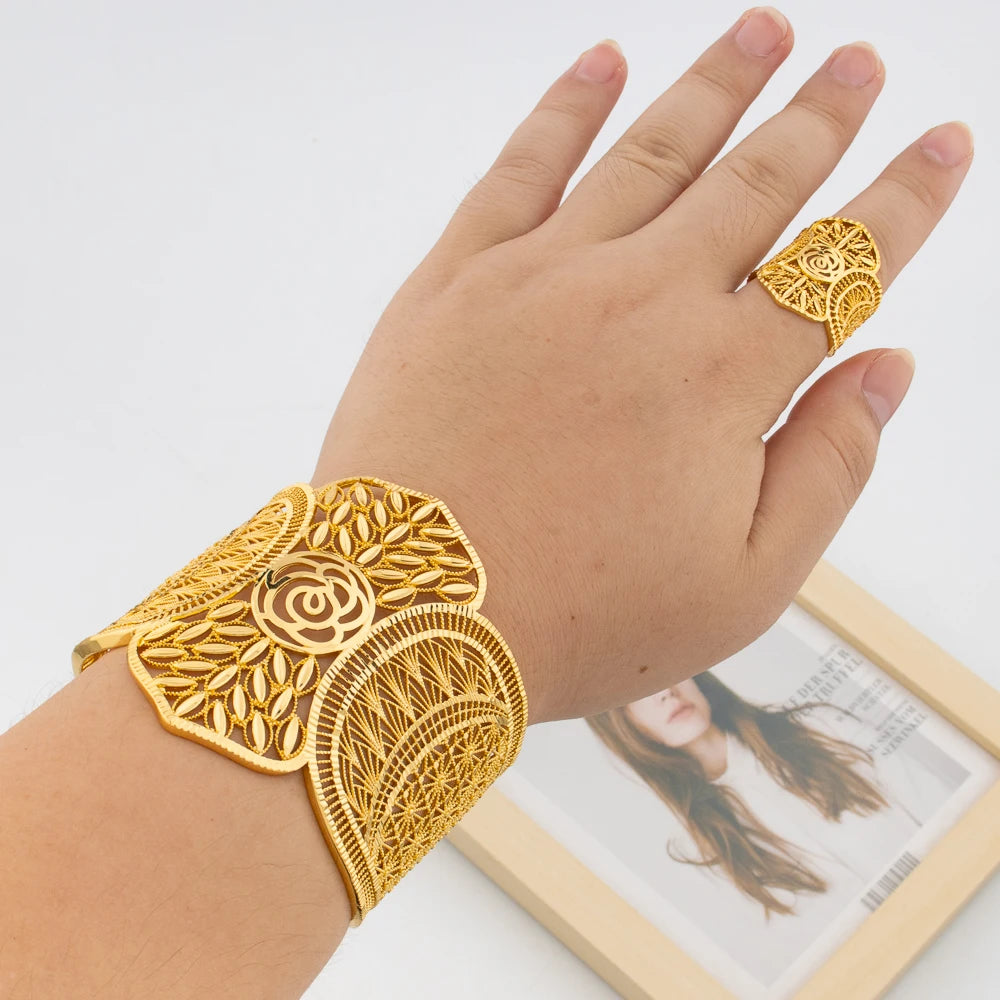 Golden Color Bangle and Ring Jewelry Set Large Size Cuff Bracelet and Ring Set