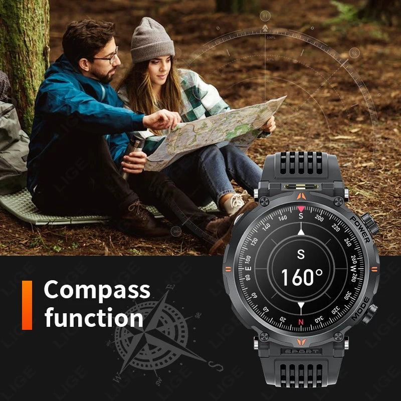 LIGE Smart Watch 600mah Battery LED Flashlight Compass Military Sport Watches Bluetooth Call Waterproof