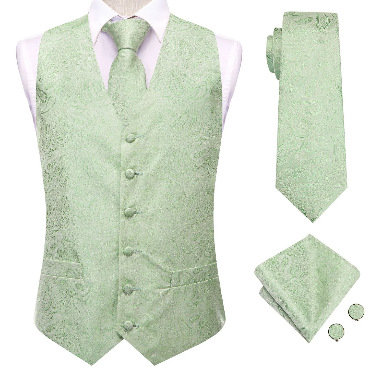 Men Suit Vest Hi-Tie Solid Voilet Lilac Silk 4PC Woven Waistcoat Tie Pocket Square Cufflink Business Wedding Dress Waist Jacket