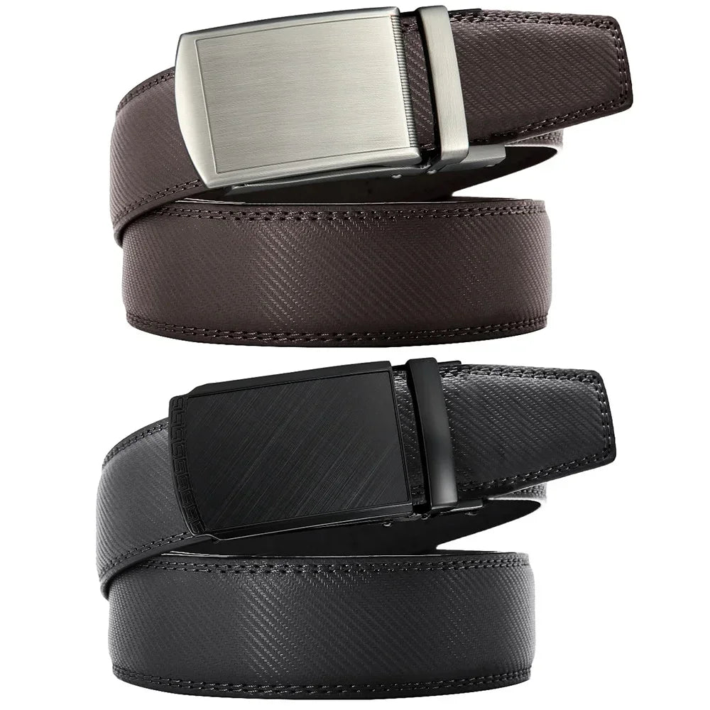 Men Genuine Leather Belt Metal Automatic Buckle Adjustment Adjustable Leather Belt