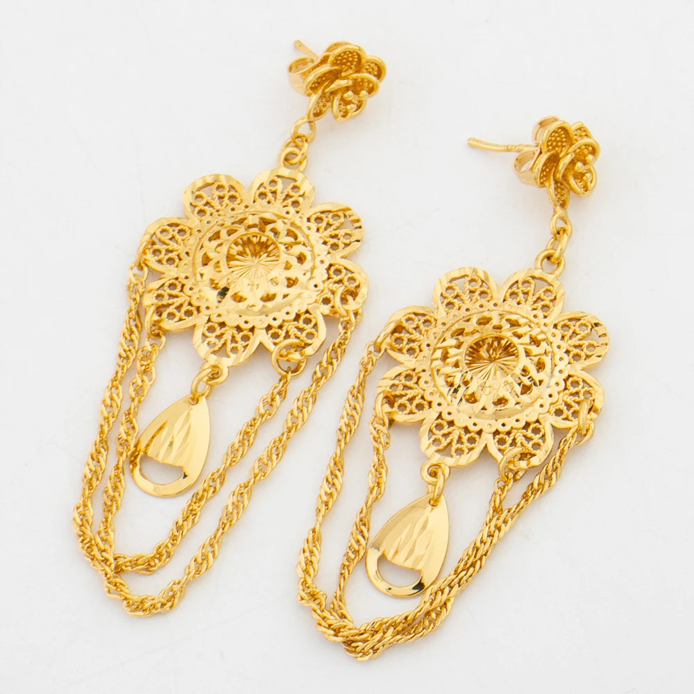 Gold Color Flower Design Necklace and Earrings Jewelry Set for Weddings Party Jewelry Gift