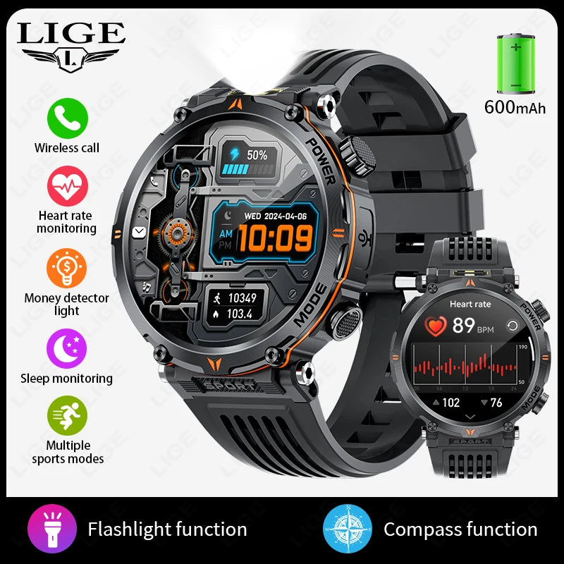 LIGE Smart Watch 600mah Battery LED Flashlight Compass Military Sport Watches Bluetooth Call Waterproof
