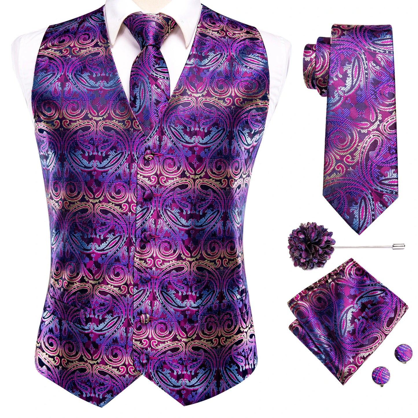Men Suit Vests Hi-Tie Silk 4PC Woven Black Paisley Waistcoat Tie Pocket Square Cufflinks Business Wedding Dress Waist Jacket