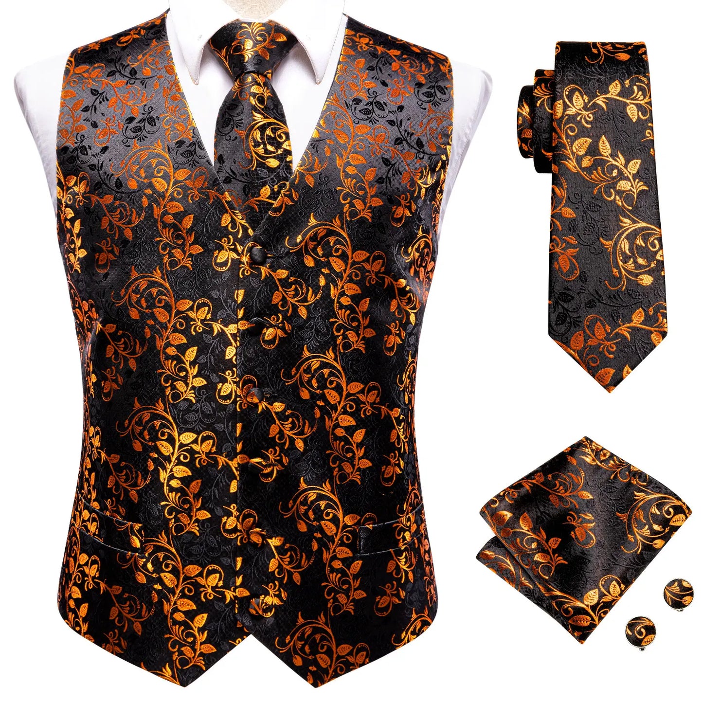 Men Suit Vests Hi-Tie Silk 4PC Woven Black Paisley Waistcoat Tie Pocket Square Cufflinks Business Wedding Dress Waist Jacket