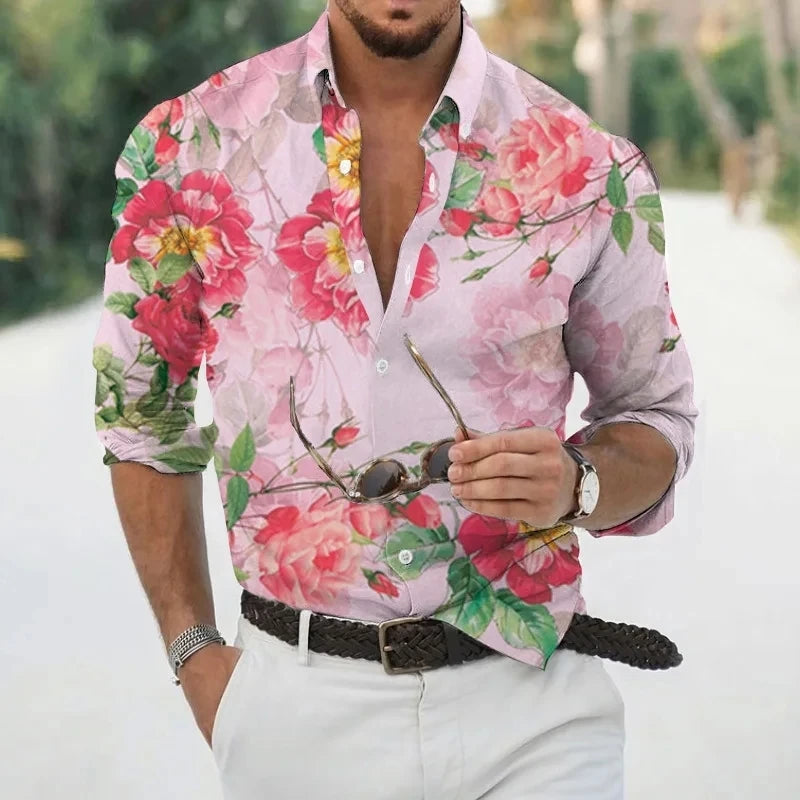 Men's Shirt Hawaii Tropical 3D Printed Floral Pattern Men Shirt Fashion Comfortable Long Sleeve Beach Roll