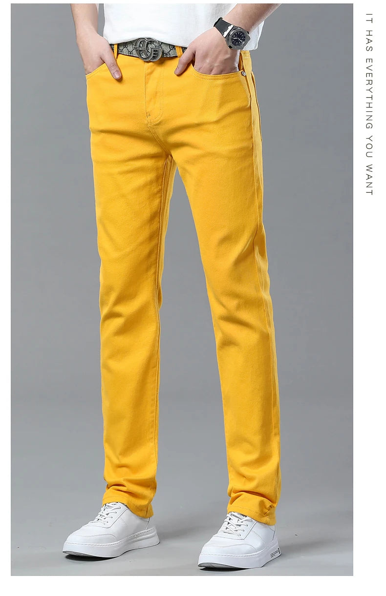 Men's Jeans Casual Pant Stretch Skinny Jeans New Elastic Yellow Pink Red Slim Male Clothing Solid Color Simple Business Trousers