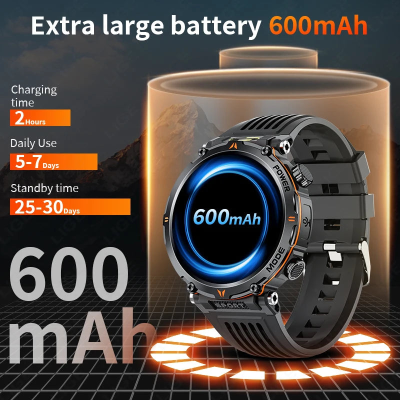 LIGE Smart Watch 600mah Battery LED Flashlight Compass Military Sport Watches Bluetooth Call Waterproof