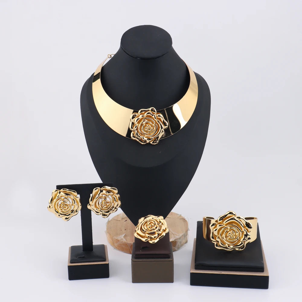 YM Golden Color Earrings Rings Bracelets Necklace charms Jewelry 4-piece Set Wedding Banquet Party