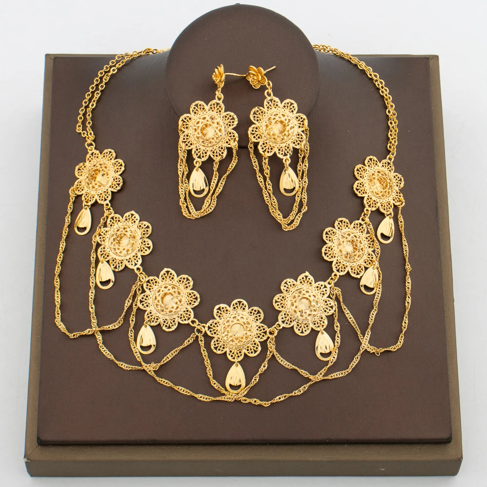 Gold Color Flower Design Necklace and Earrings Jewelry Set for Weddings Party Jewelry Gift