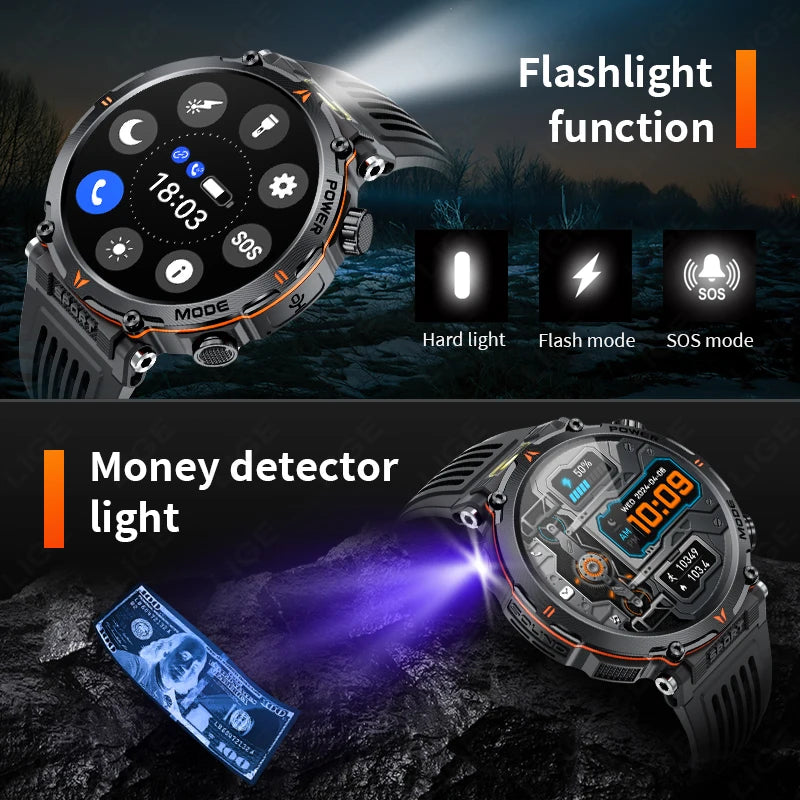 LIGE Smart Watch 600mah Battery LED Flashlight Compass Military Sport Watches Bluetooth Call Waterproof