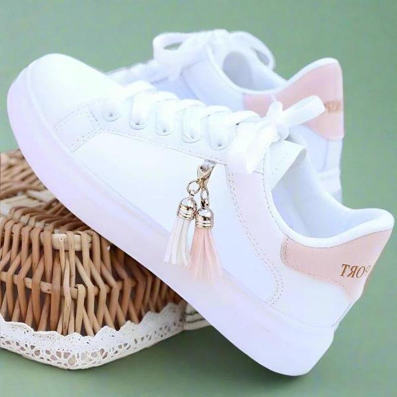 Mesh white shoes for students, casual wear, and sports shoes with flat sole for her