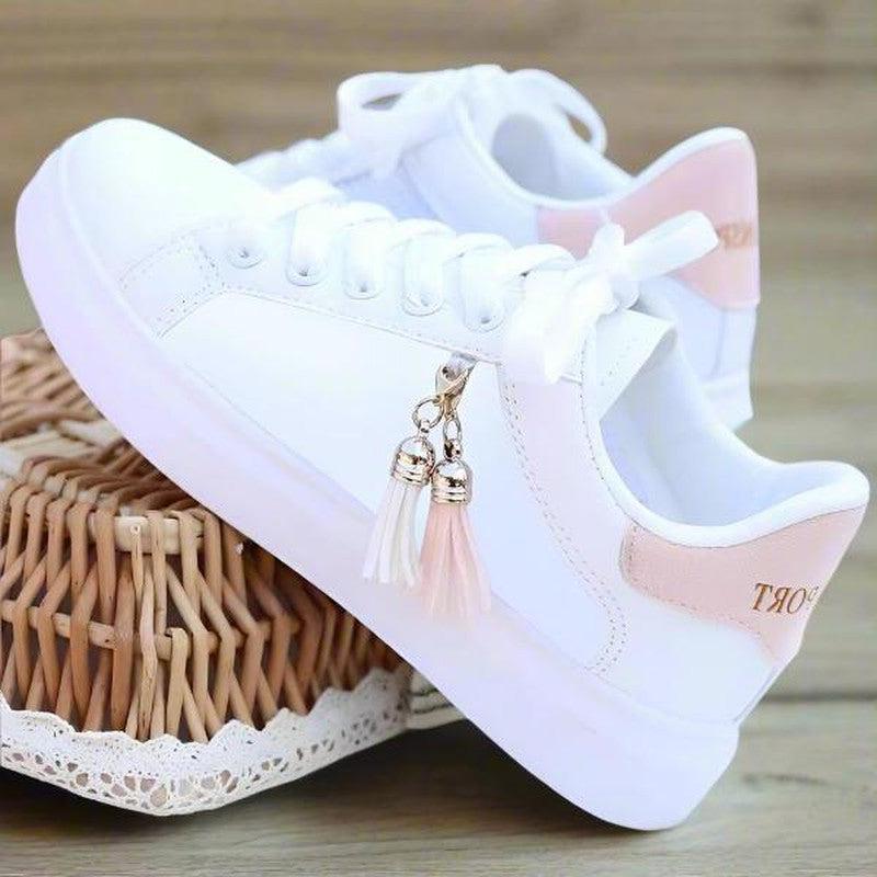 Mesh white shoes for students, casual wear, and sports shoes with flat sole for her