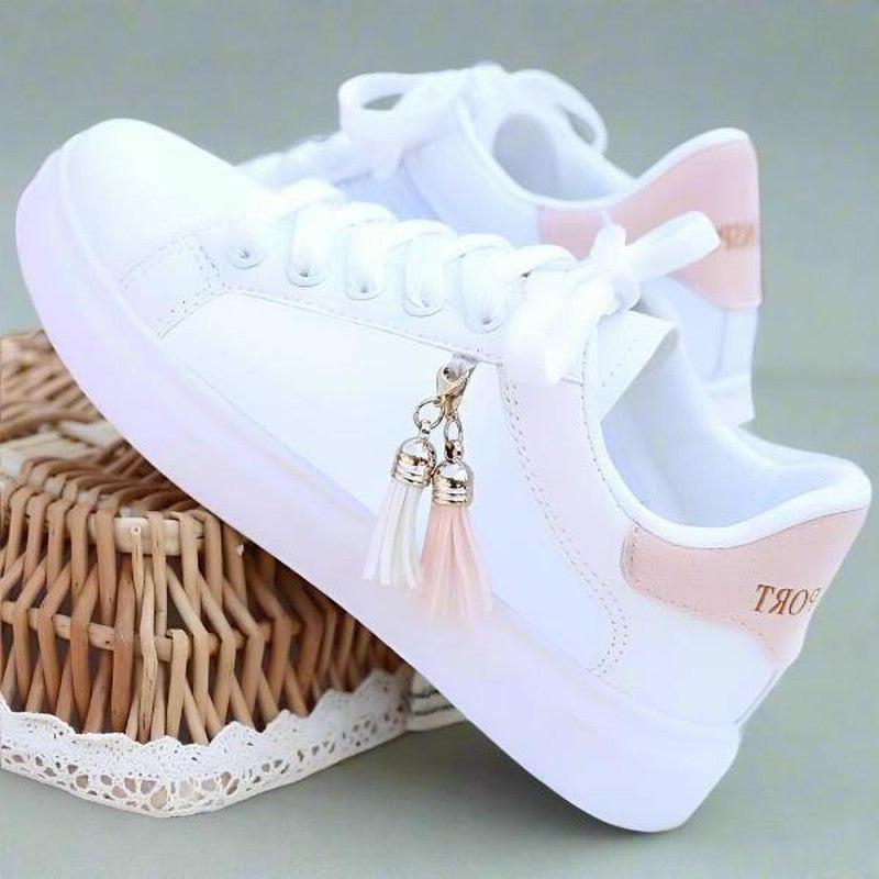 Mesh white shoes for students, casual wear, and sports shoes with flat sole for her