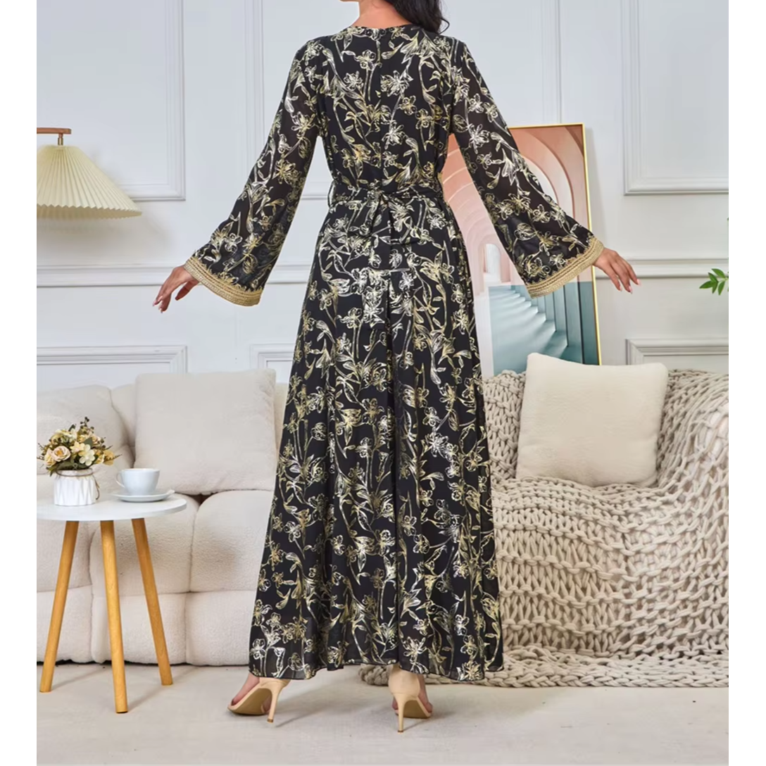 Long Gown Jalabiya Muslim & Arabic Women Dress, with Long Sleeves Floral Stamping V Neck Dresses