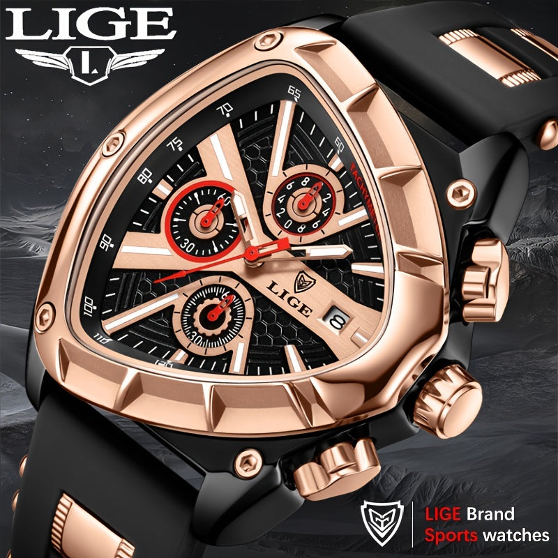 LIGE Polygonal Men's Quartz Watch, Calendar, Multi-functional, Night Light Watch