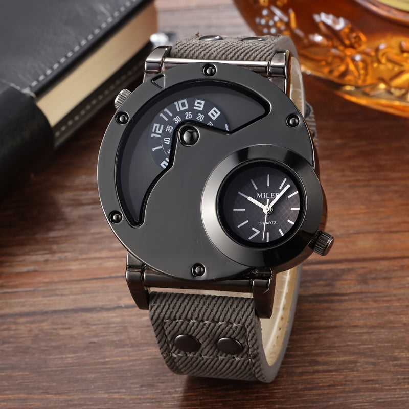 Vintage Dual-Time Display Men's Watch with Studded Details, Denim Strap, Quartz Movement, Round Alloy Case, Electronic Drive, Non-Waterproof - Fashionable Large Dial Wristwatch for Men