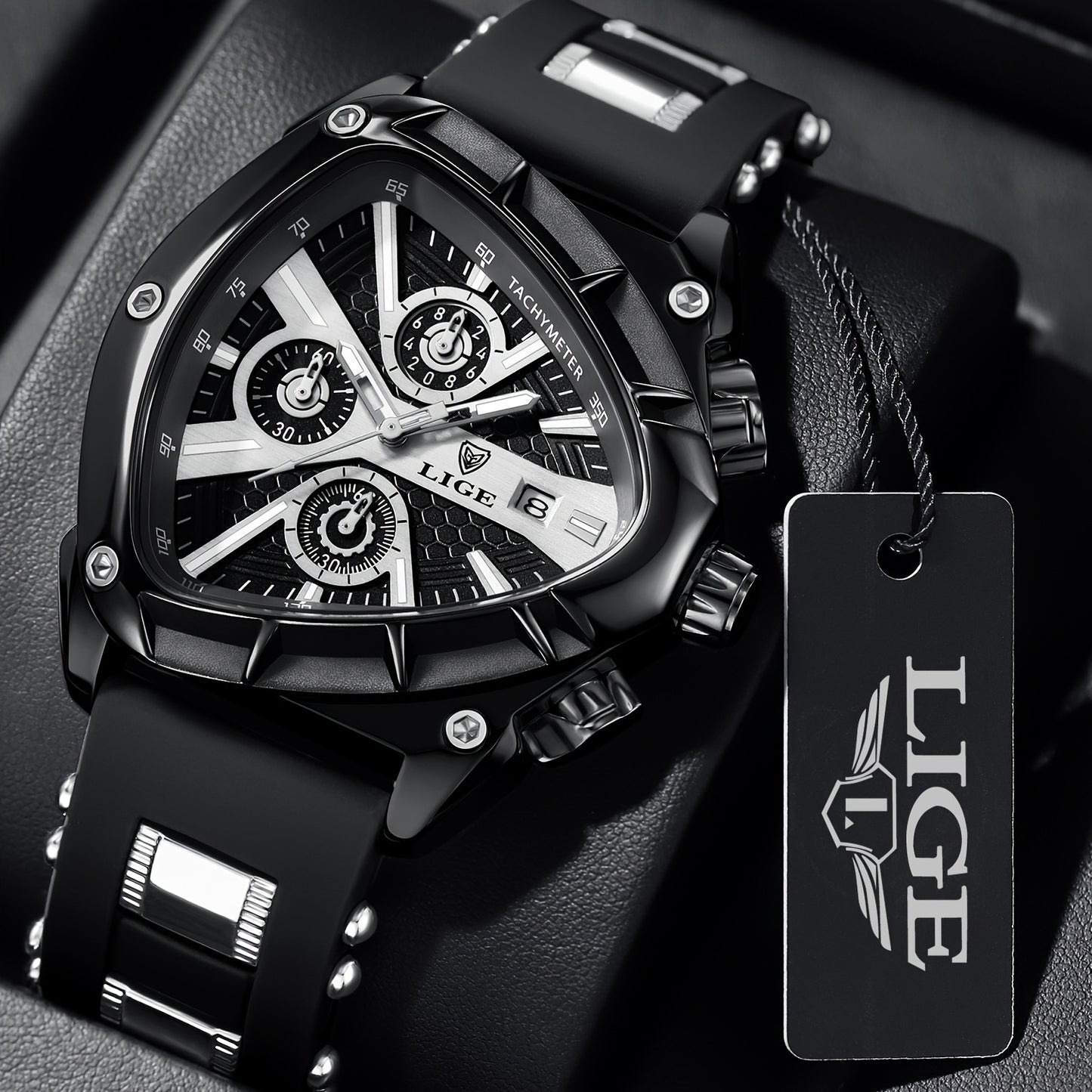 LIGE Polygonal Men's Quartz Watch, Calendar, Multi-functional, Night Light Watch