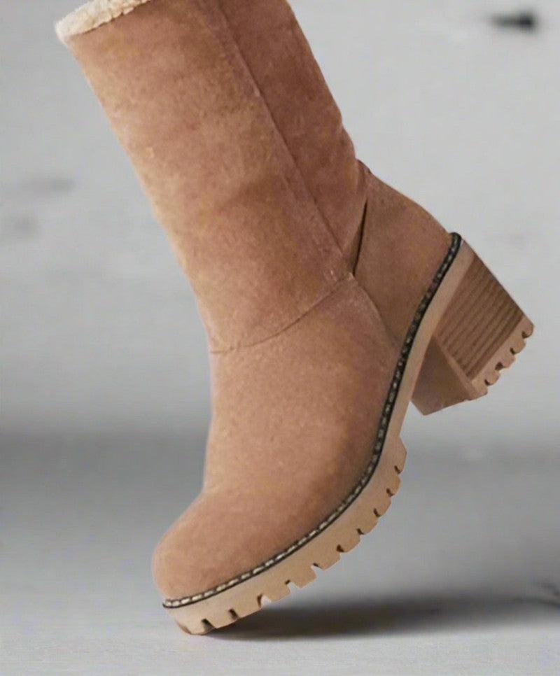 Winter or Snow Boots Mid Tube Thick Heel Suede